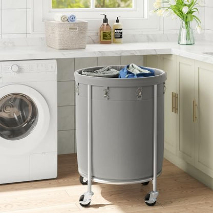 ELYKEN Laundry Basket with Wheels, Round Rolling Laundry Hamper, Gray - color: Gray, size: 170L
