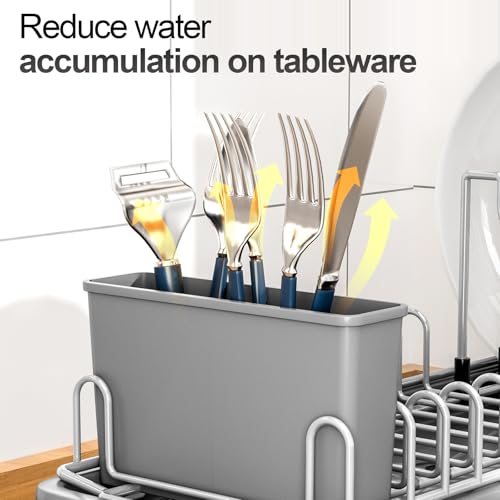 Compact Dish Drying Rack with Utensil Holder – Small Countertop Dish Drainer with 360° Rotating Drain Spout, Stainless Steel Dish Rack for Kitchen Sink, Space-Saving Design for Small Kitchen , Grey - color: Gray