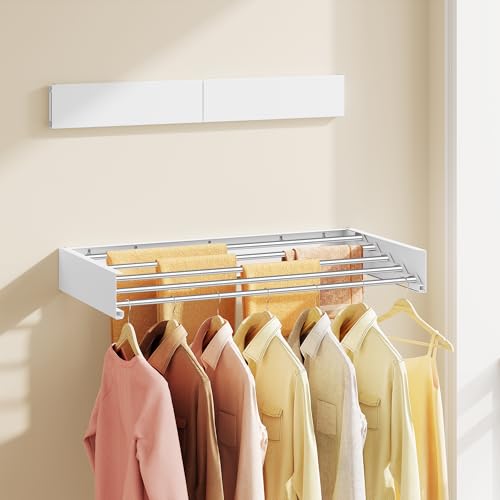 SONGMICS Clothes Drying Rack, Wall-Mounted, Foldable, with Storage Shelf - size: Foldable-31.5"W