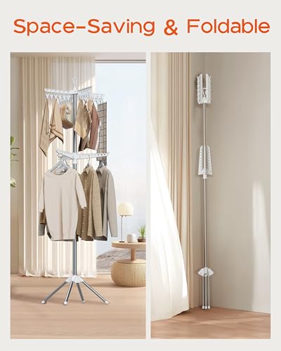 CASAMAYA Clothes Drying Rack Foldable, 72 inch 2 Tier Laundry Drying Rack with Rotating Clothes Rail for 27 Pieces of Clothes, Adjustable, 24 Clips, Space Saving, White and Silver CDR012W01 - color: White + Silver, size: 2-Tier Clip