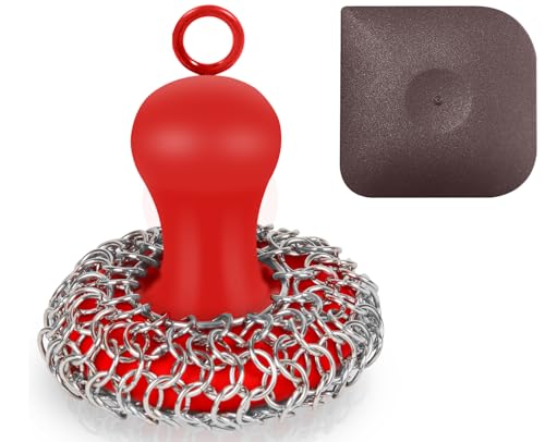 Herda Cast Iron Cleaner Scrubber+Pan Scraper, Patented Chain Mail Scrubber - color: Red