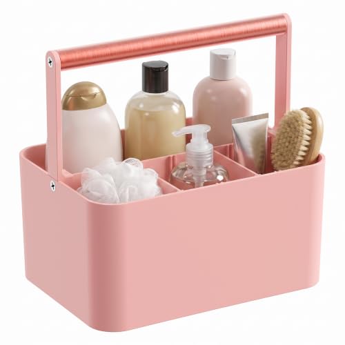 Pink Shower Caddy Portable: Plastic Bathroom Caddy Organizer with Handle, 4 adjustable compartments shower caddy with drainage holes, keeps items organized and dry, easy carry handle for college dorm - color: Pink