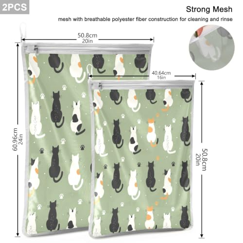 Mesh Laundry Bags Lingerie Bags for Washing Delicates 2 PCS Wash Bag with Zipper Small and Medium Washable Cats Green - color: Cats Green