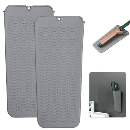 2 Heat Resistant Silicone Mat with Hanging Hole, Straightener Heat Resistant Travel Mat & Pouch for Curling Iron, Flat Iron and Other Hot Hair Styling Tools, 11 x 5 in, Gray - color: Gray, size: 2 Pack
