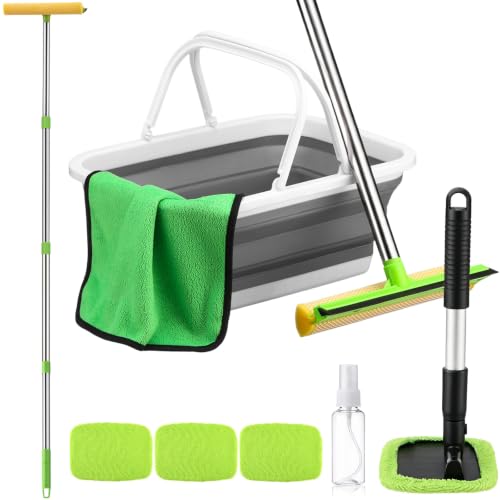 2 in 1 Car Window Squeegee and Collapsible Bucket Set with Long Handle Car Interior Glass Cleaning Tool Reusable Pads Towel Spray Bottle for Home Outdoor Office Commercial Use