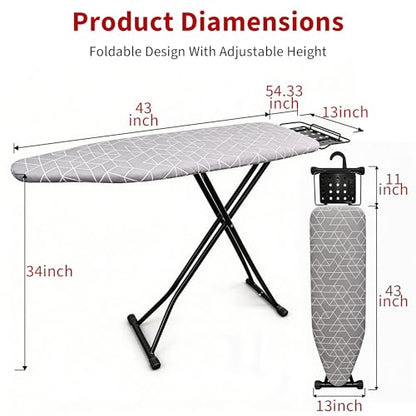 Ironing Board, 43"×13" with Iron Rest, 4 Layer & 7 Adjustable Height Sturdy - color: Geometric Gray, size: 43"L x 13"W