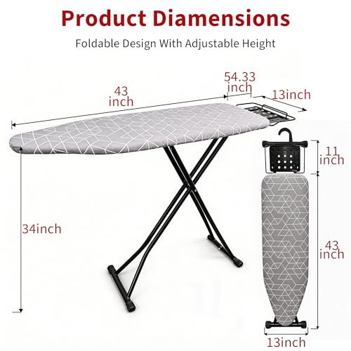 Ironing Board, 43"×13" with Iron Rest, 4 Layer & 7 Adjustable Height Sturdy - color: Geometric Gray, size: 43"L x 13"W