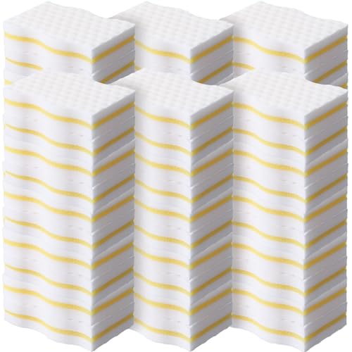 SiliFine 60 Pack Magic Extra Durable Sponge Eraser 3 Layer Density Cleaning Pads in Bulk Thick More Lasting Sponge Eraser for Bathroom Kitchen Floor Bathtub Toilet Cleaner(Yellow and White) - color: Yellow and White