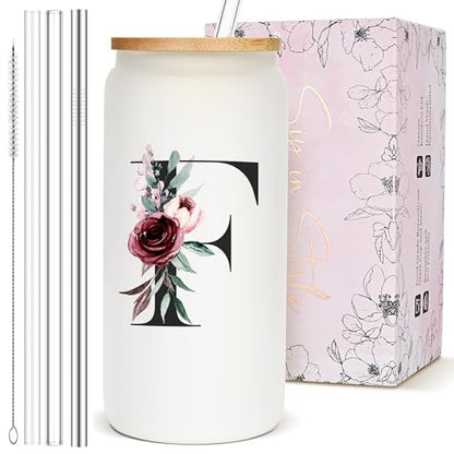 Personalized Customized Gifts for Women, Cute Glass Cups with Lids and Straws, Monogrammed Drinking Glasses Initial Iced Coffee Cup, Custom Letter Tumbler Mug, Birthday teacher Gifts for Mom Her, F - style: Letter F