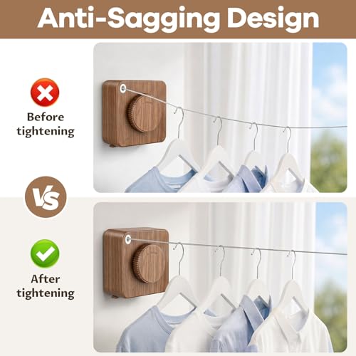 Retractable Clothesline Indoor & Outdoor, Non-Sagging Heavy Duty Retracting Laundry Drying Line, Wall Mounted Stainless Steel Clothes Line - 16.7 Ft (Wood‑Toned) - color: Wood‑toned