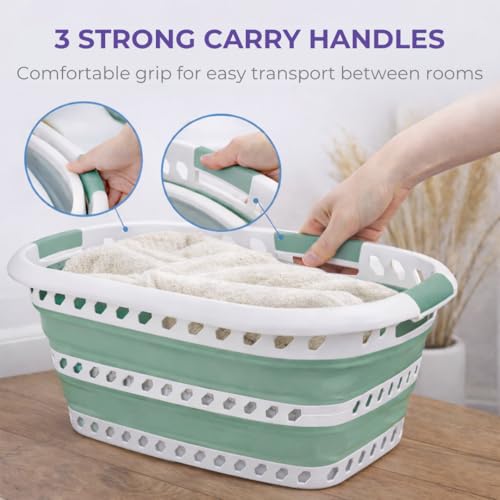 Laundry 360 Collapsible Laundry Basket | Portable | Space Saver Storage | Hold 2 Loads | Store Under the Bed or Closet | Good for Kids | Dorm | Bedroom | Large | White/Sage - size: 1 Pack Sage 40L