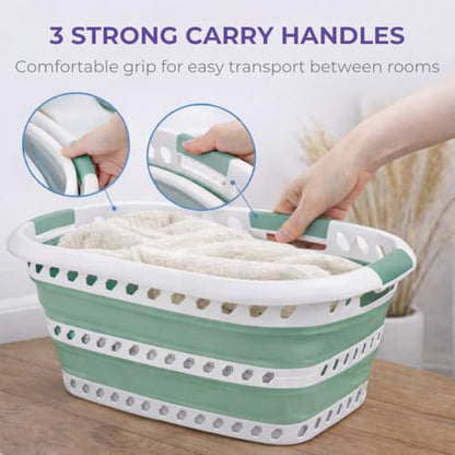 Laundry 360 Collapsible Laundry Basket | Portable | Space Saver Storage | Hold 2 Loads | Store Under the Bed or Closet | Good for Kids | Dorm | Bedroom | Large | White/Sage - size: 1 Pack Sage 40L