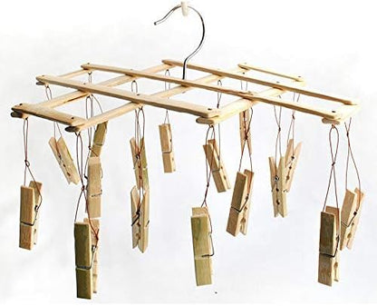 Natural Bamboo Clothespin-Folding Clothespin Laundry Dripping Hanger 16 Clip Bamboo Clothespin Folding Shrinking Clothespin-Underwear, Socks, Hats and Boots Portable Indoor Household