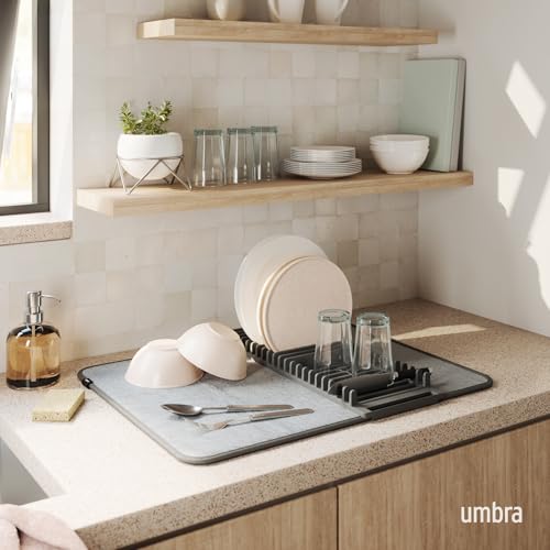 Umbra Udry Dish Drying Rack with Mat, Folds Flat for Storage, Dark Grey - color: Gray, size: 24" x 18"