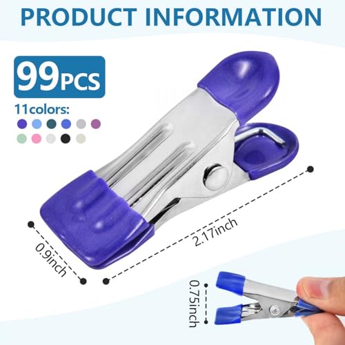 SenseYo 99 Pack Heavy Duty Clothes Pins 2.2 Inch Mini Chip Clips Bag Food Stainless Steel Clothes Pins with Rubber 11 Colors for Kitchen Photo Laundry Hanging Drying - size: 99