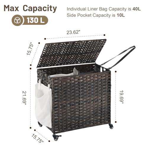 Laundry Hamper with Wheels, 34.3 Gallon(130L) Rolling Laundry Basket with Lid, Removable Large 2 Color Liners & 3 Mesh Laundry Bags, Clothes Hamper with Side Pocket, Brown - color: Brown, size: 23.62"L x 15.75"W x 21.65"H