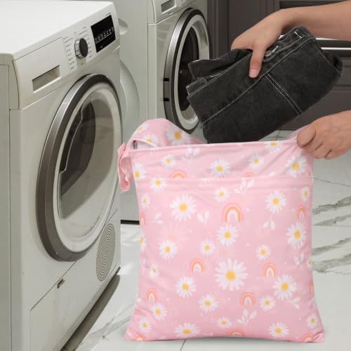 2pcs Travel Waterproof Laundry Bag, Cloth Diaper Wet Dry Bags with Handle & 2 Zipper Pockets, Reusable Washable Dirty Clothes Bag for Baby Adult Travelling Hanging, Bathing Beach Pool Daycare - color: Cartoon 1 White + Pink