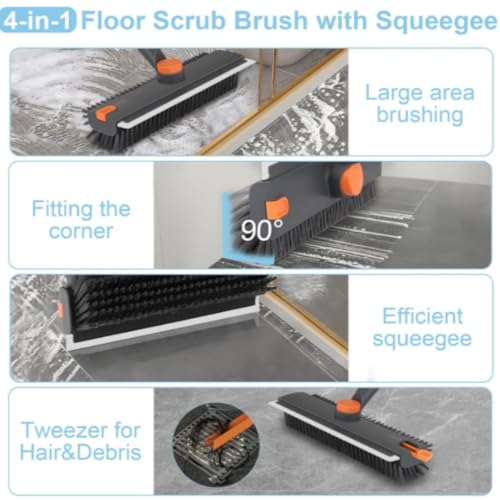 Floor Scrub V Brush with Long Handle, 4 in 1 Multi-Angle Swivel Right Angled Bristle Floor Scrubber Brush with Squeegee and Tweezer for Cleaning Tile Wall Deck Bathroom Patio Garage Kitchen