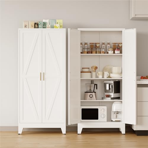 COFaR Metal Pantry Cabinet with Doors, Farmhouse 61'' Tall Storage Cabinet with 3 Adjustable Shelves, Kitchen Pantry Cabinet for Dinning Room, Laundry, Bathroom, Garage, White 4-Tier - color: White, size: 61'' 2 Doors 0 Drawer-Barn Door