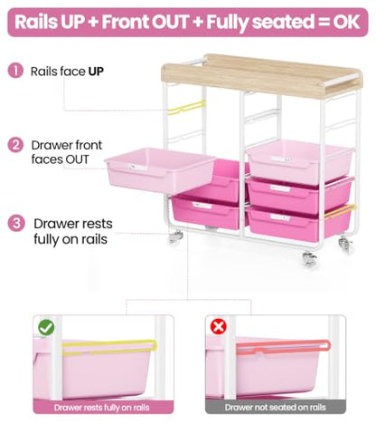 10 Drawers Rolling Cart with Wooden Tabletop, Utility Storage Cart with Wheels, Art Supply Craft Organizer on Wheel with Metal Frame & Handles for Home Office School,Pink - color: Pink