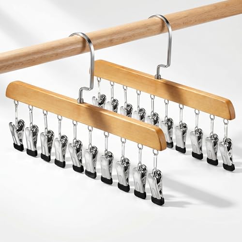 Novabright 2 Pcs Closet Organizers with 10 Clips Hat Pants Scarf Socks Hangers Wood Space Saving Rotating Hanging Hangers Clothespins with Padded Clips for Leggings Bra Tie Belt Jeans Skirt (Wood) - color: Wood