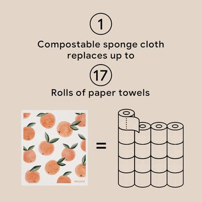 RECYCO Swedish Dishcloths for Kitchen | 5 Pack Peachy Leaves Washable Dish Rags | Cellulose Reusable Cleaning Paper Towels | Absorbent Counter Dish Cloth Sponge Kitchen Wipes, 8" L x 7" W - color: Peachy Leaves- 5 Pack