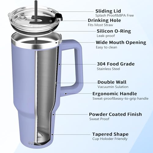 40 oz Tumbler with Handle, Insulated Tumbler with Lid and Straw, Reusable Stainless Steel Vacuum Insulated Cup, 100% Leak Proof Thermal Travel Coffee Mug Cup for Cold and Hot (Light Purple) - color: Light Purple, size: 40 Ounces