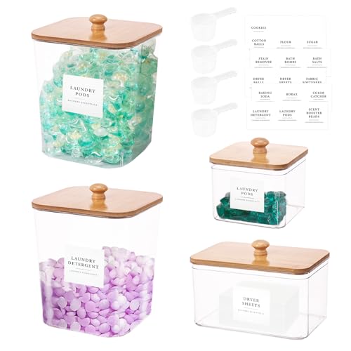 4 Pack Laundry Pods Container,Clear Dryer Sheet Holder & Laundry Room Organization and Storage with Lids, Scoops & Labels for Laundry Detergent, Powder, Dryer Balls, Beads (Clear) - color: Clear