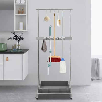 Broom and Mop Holder, Mobile Cleaning Tools Storage Cart with Wheels, Cleaning Supplies Organizer with 5 Slots 12 Hooks and Drip Tray, Janitorial Cart for Home Garage Laundry Room Office