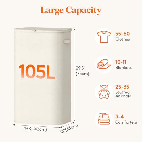 Lifewit 105L Large Laundry Hamper with Lid, Removable Inner Bag, White - color: White, size: 105L