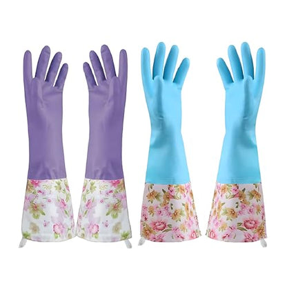 KINGFINGER Dishwashing Cleaning Gloves, 2 Pairs Reusable Rubber Gloves PVC Latex-Free Waterproof Long Cuff and Flock Lining Household Cleaning Gloves for Women - color: Blue+purple