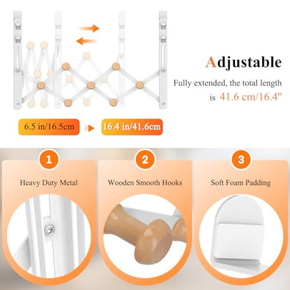 FYY Over The Door Hooks - Door Hanger Towel Rack Organizer, Collapsible No Drill Holder, Heavy Duty Easy to Install, Pads and Wooden Knobs, No-Scratch for Bathroom Clothes Coat Travel, Fit 1-3/4"