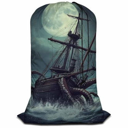Swono Octopus Drawstring Closure Dirty Clothes Bag Organizer, Heavy Duty Large Laundry Bag, Sailboat Ocean Kraken Night Scene Rip-Stop Bags for Camp Travel, Oxford Cloth Machine Washable, Pirate Ship - color: Octopus