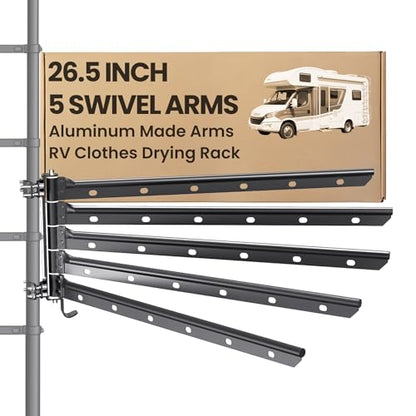 5 Swivel Arms RV Clothes Drying Rack, 26.5-inch Width Ladder Mounted Clothes Drying Rack, All Metal, Foldable Design, RV Must Have for MotorHomes, Fifth Wheels, Trailers