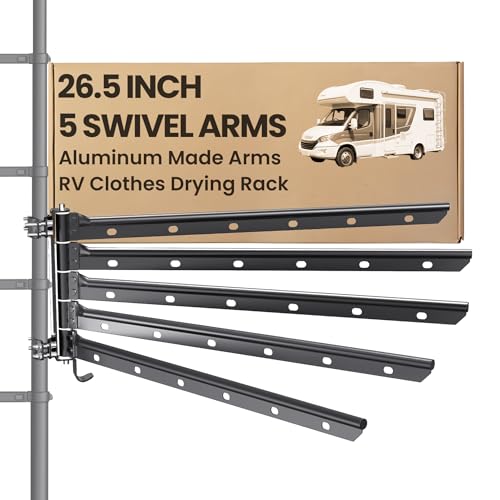 5 Swivel Arms RV Clothes Drying Rack, 26.5-inch Width Ladder Mounted Clothes Drying Rack, All Metal, Foldable Design, RV Must Have for MotorHomes, Fifth Wheels, Trailers