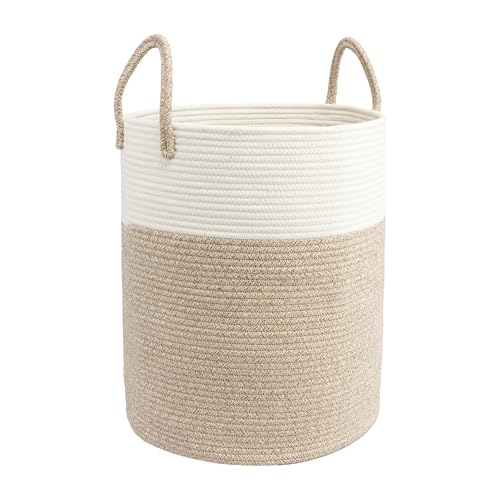 Woven Cotton Rope Laundry Basket, 15x20 Laundry Hamper, White/Brown - color: white and brown, size: Regular