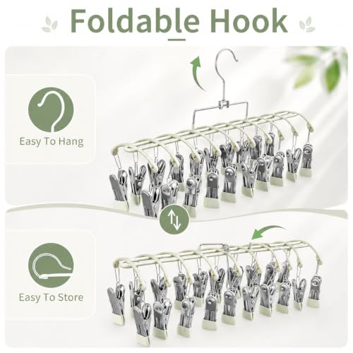 Sock Drying Rack with 20 Clips, Stainless Steel Laundry Hanger for Underwear, Space-Saving Clothes Airer with Foldable Hook, Non-Slip Clip Organizer Drying Station for Small Items