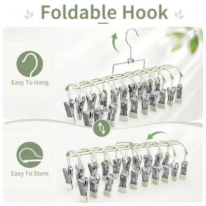 Sock Drying Rack with 20 Clips, Stainless Steel Laundry Hanger for Underwear, Space-Saving Clothes Airer with Foldable Hook, Non-Slip Clip Organizer Drying Station for Small Items