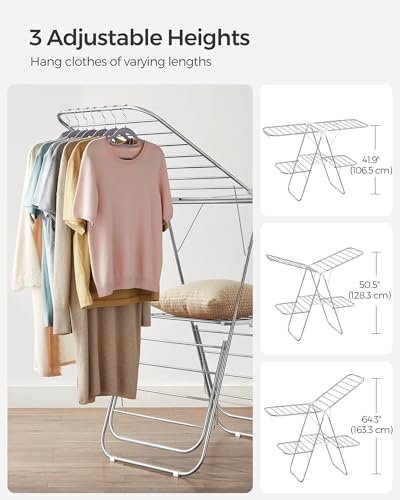 SONGMICS Clothes Drying Rack, Foldable 2-Level Stee Laundry Drying Rack - color: Silver + White, size: 2 Tiers（22"d x 61.8"w x 64.3''h )