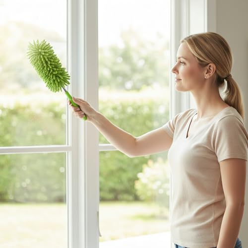 Extendable Feather Duster Telescopic Dust Remover for Home Office Car Furniture High Ceiling Cleaning Multi Purpose Tool(Green,Long Head) - color: Green, size: 11.0 in