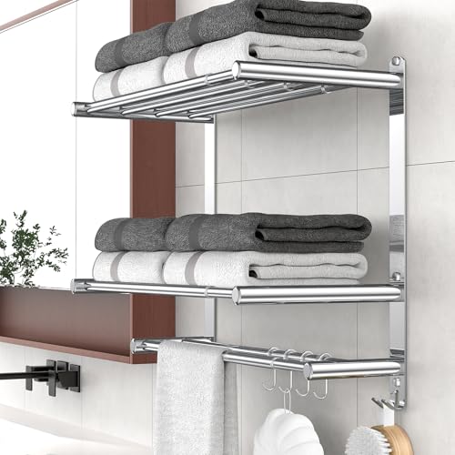 Bathroom Towel Rack with Shelf and Towel Bar, 2-Tier Expandable (16.9 to 28 Inches) SUS304 Stainless Steel, Wall Mounted or Adhesive, 4 Sliding Hooks Rust Resistant, Rounded Corners, Side Guards - color: Bathroom Towel Rack With Shelf