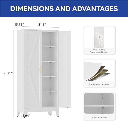 COFaR Metal Pantry Cabinet with Doors, Farmhouse 71'' Tall Storage Cabinet with 4 Adjustable Shelves, Kitchen Pantry Cabinet for Dinning Room, Laundry, Bathroom, Garage, White 5-Tier - color: White, size: 15.75''D × 31.5''W × 70.87''H-L01