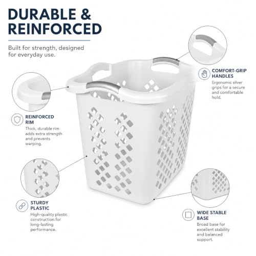 Laundry Basket 2 Bushel Plastic with Handles White for Bedroom Dorm - color: White