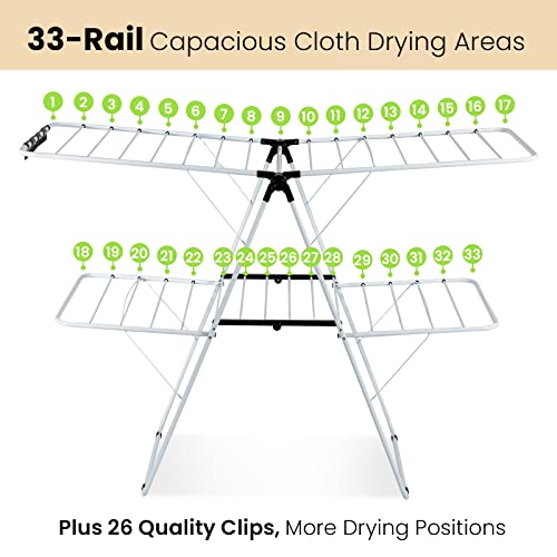 S AFSTAR 2-Layer Clothes Drying Rack, Folding Laundry Drying Rack w/Height-Adjustable Gullwing, 33 Rails & 26 Clips, Collapsible Laundry Hanger, Indoor/Outdoor Portable Dryer for Clothes Shoes Towels - style: 4 Wings