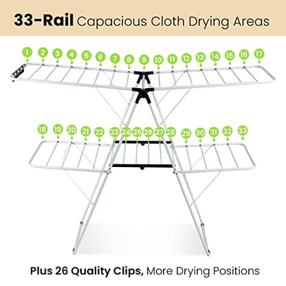 S AFSTAR 2-Layer Clothes Drying Rack, Folding Laundry Drying Rack w/Height-Adjustable Gullwing, 33 Rails & 26 Clips, Collapsible Laundry Hanger, Indoor/Outdoor Portable Dryer for Clothes Shoes Towels - style: 4 Wings