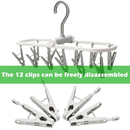 Folding Clothes Drying Rack with 12 Clips, 360° Rotatable Portable Clip