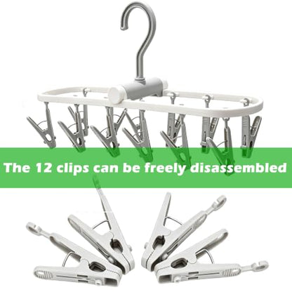Folding Clothes Drying Rack with 12 Clips, 360° Rotatable Portable Clip