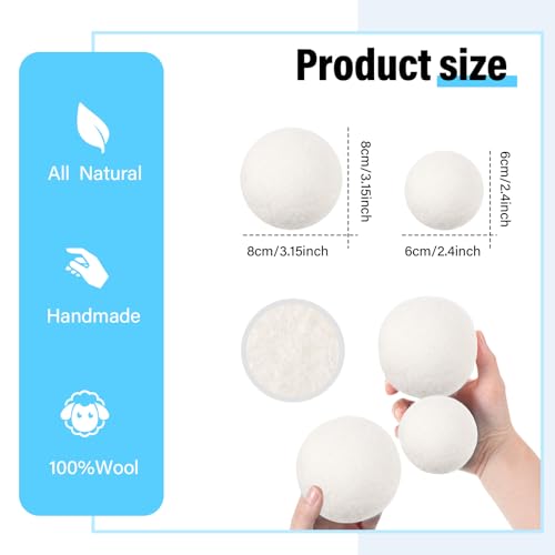 24 Pack Wool Dryer Balls, 3.15'', 2.4'' Reusable Laundry Balls Wool Balls Natural No Lint Fabric Softener Balls for Clothing Wrinkles (White) - color: White
