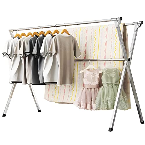 URYAN 95 Inches Clothes Drying Rack, Heavy Duty Stainless Steel Laundry Drying Rack Folding Indoor Outdoor, Portable Drying Rack Clothing, Blanket Rack Clothesline with 20 Windproof Hooks - size: 95"