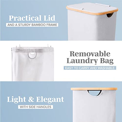 LONBET Laundry Basket with Lid, Made from Breathable Fabric | Aesthetic Clothes Hampers for Laundry with Side Handles & Sturdy Bamboo Frame (26 Gallons - Single, Light Gray) - color: Light Gray, style: 26 Gallons - Single